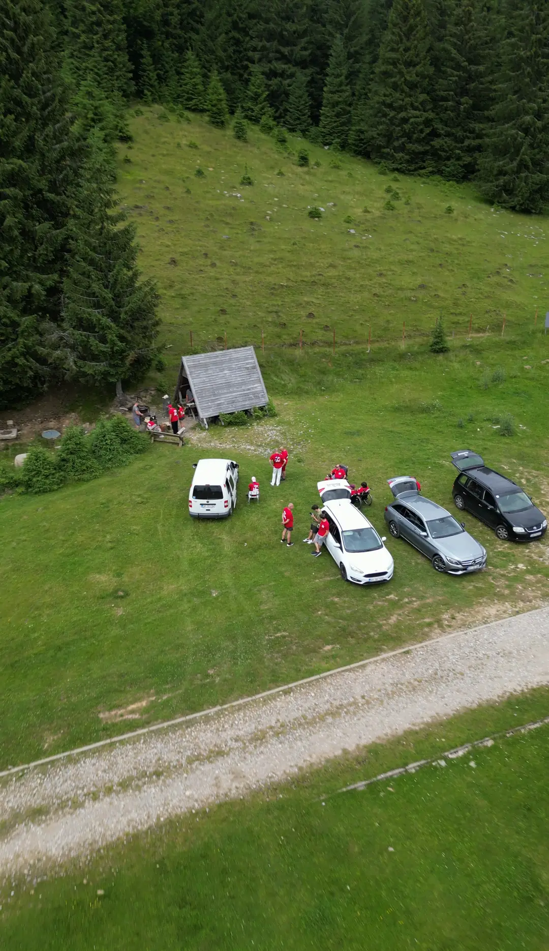 The association's group in a mountain meadow, filmed from above by drone