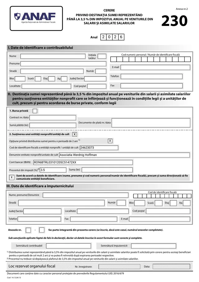 Form 230 filled in with the Werdnig Hoffman Association's details, for 2026